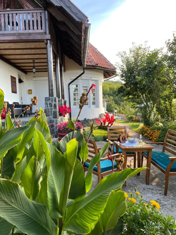 een patio met een tafel, stoelen en bloemen bij Villa Mira in Mačkat