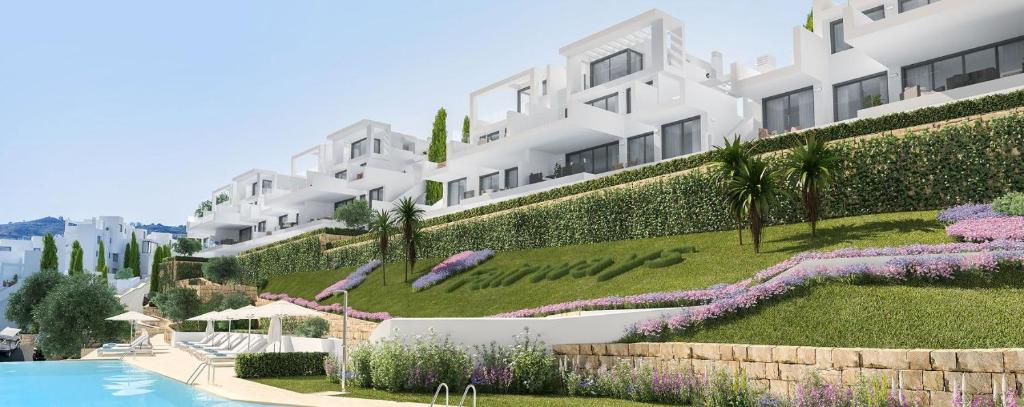 un diseño arquitectónico de un edificio con jardín en COSTA DEL SOL MIJAS GOLF FIRST LINE-NEAR MARBELLA - STUNNING VIEWS - GROUND FLOOR PENTHOUSE APPARTEMENT - 3 BEDROOMS - BIG TERRAS AND GARDEN 2- 6 persons ONE PRICE! - COMPLETELY FURNISHED AND EQUIPT FOR AN UNFORGETABLE HOLIDAY AND GOLF MATCHES PLEASURES en Mijas