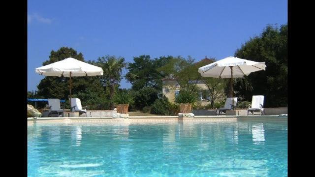 a large swimming pool with two white umbrellas and chairs at Gite Les 3 Toitures Ecogite le Luquet Saint Beauzeil 82 in Saint-Beauzeil