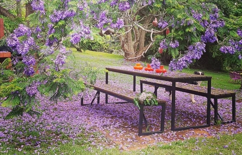 een picknicktafel in een tuin met paarse bloemen bij Wyndover Mountain Retreat in Beechmont