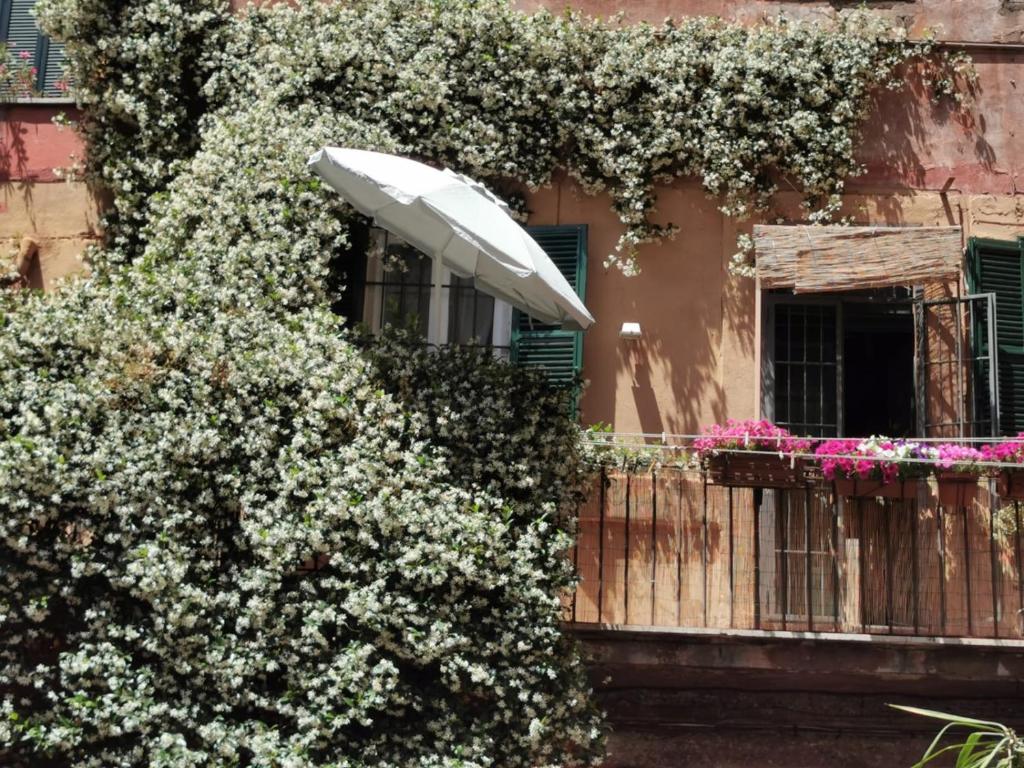 ローマにあるApartments Campo de Fioriの傘と花を飾ったバルコニー付きの建物