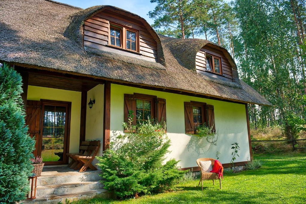 a small house with a thatched roof and a yard at DOM POD STRZECHĄ NA KASZUBACH in Ostrowite