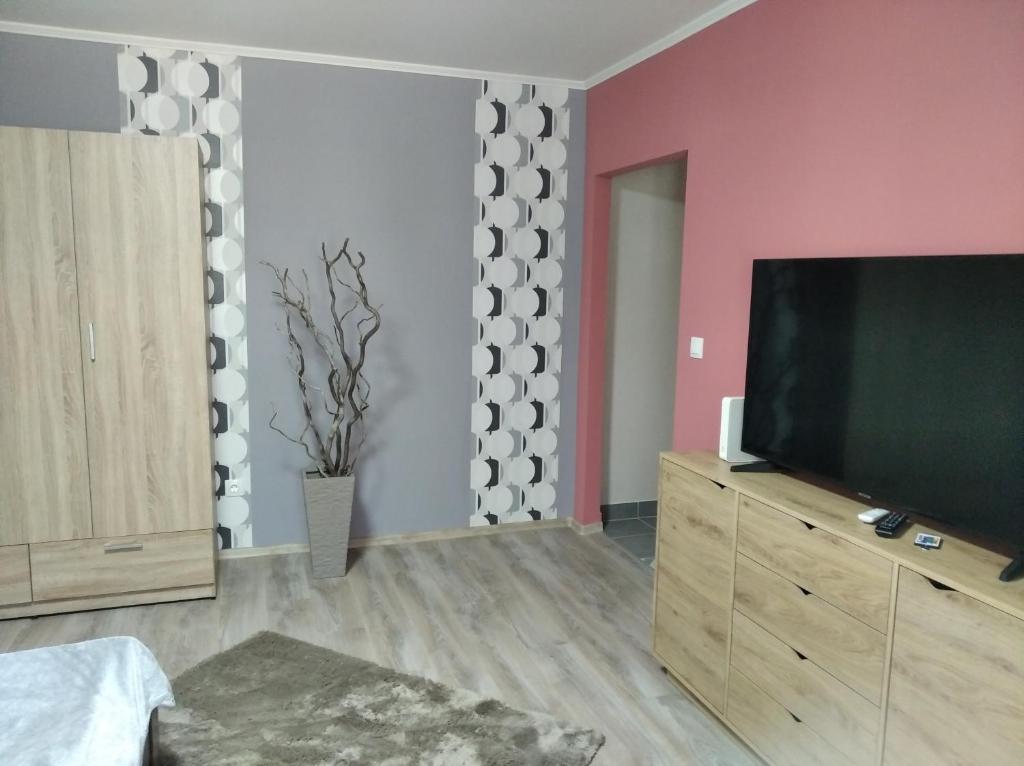 salon z telewizorem z płaskim ekranem na drewnianej komodzie w obiekcie Tatabánya Újvárosi lakás w mieście Tatabánya