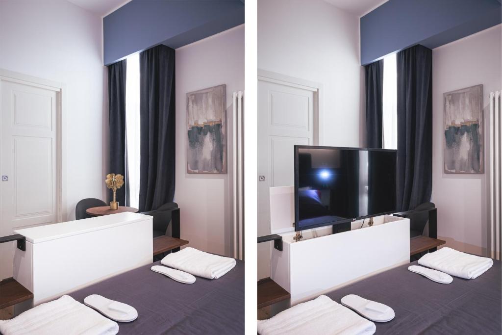 two pictures of a living room with a tv at Residenze Chamur- Grattacielo in Palermo
