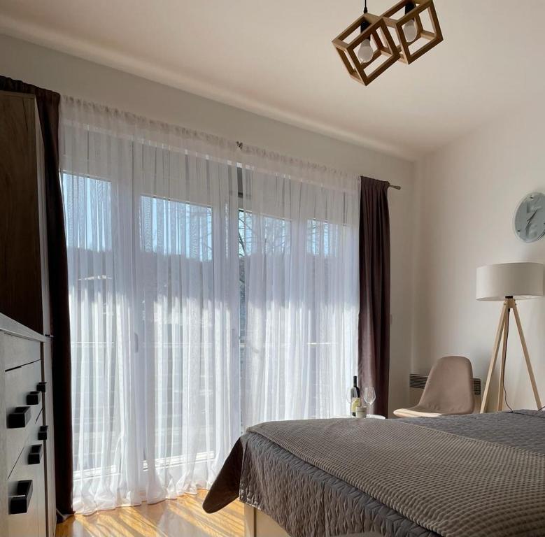 ein Schlafzimmer mit einem Bett und einem großen Fenster in der Unterkunft Apartman Nice in Vrnjačka Banja