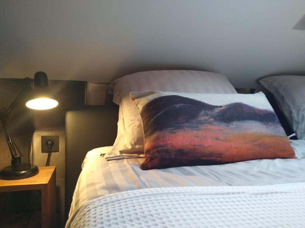 ein Bett mit einem bunten Kissen darüber in der Unterkunft De Beredoezen - sfeervolle vakantiewoning in de gezellige Kempen in Retie
