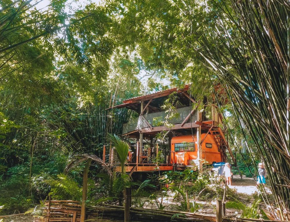 an orange house in the middle of a forest at Cabana do Tarzan na Praia de Parati Mirim in Paraty