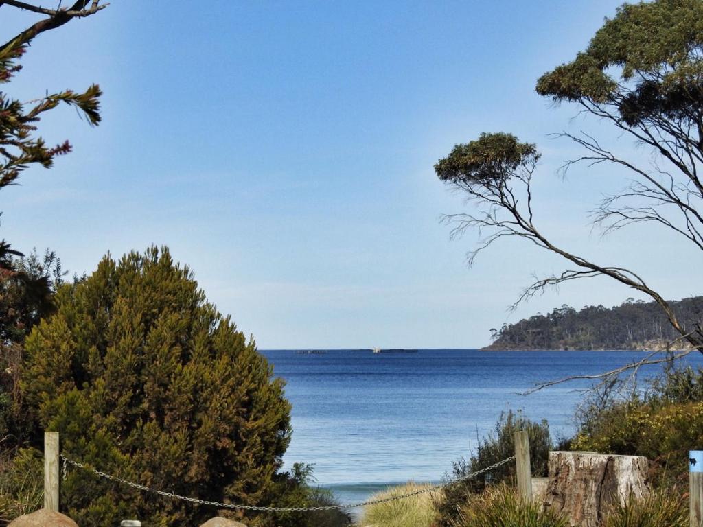 a view of the ocean from a beach with trees at Sea Eagle at Roaring Beach in Surveyors Bay