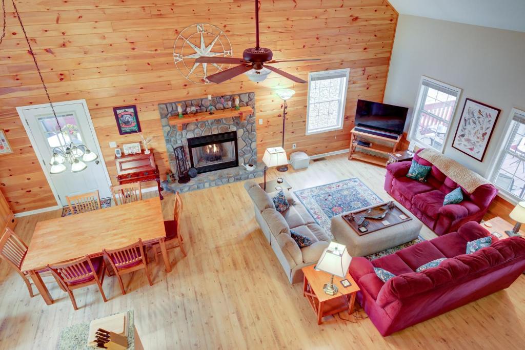 an overhead view of a living room with a fireplace at Deer Hollow in Ellijay