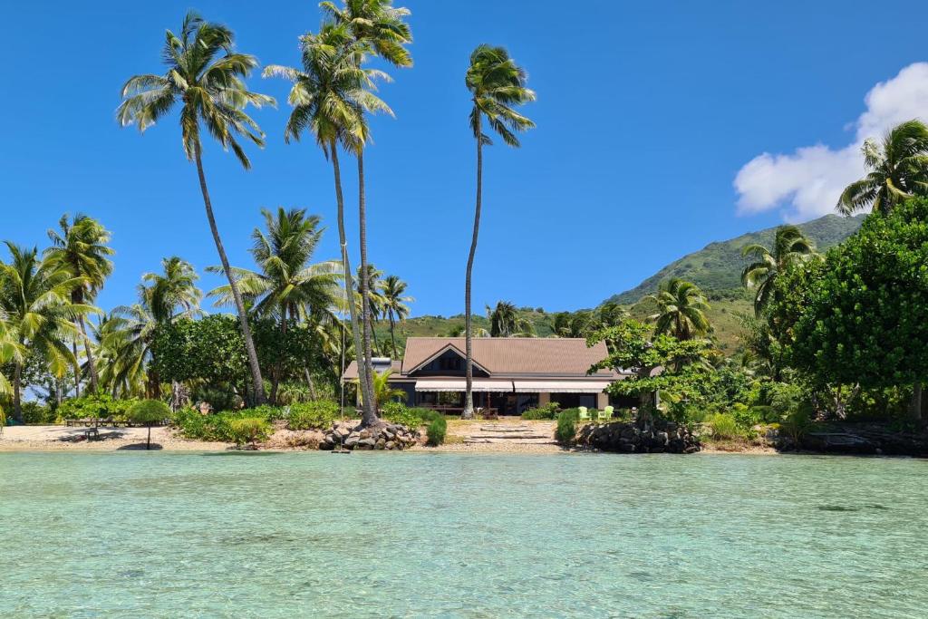 una casa en una playa tropical con palmeras en Villa Tiarenui en Maharepa