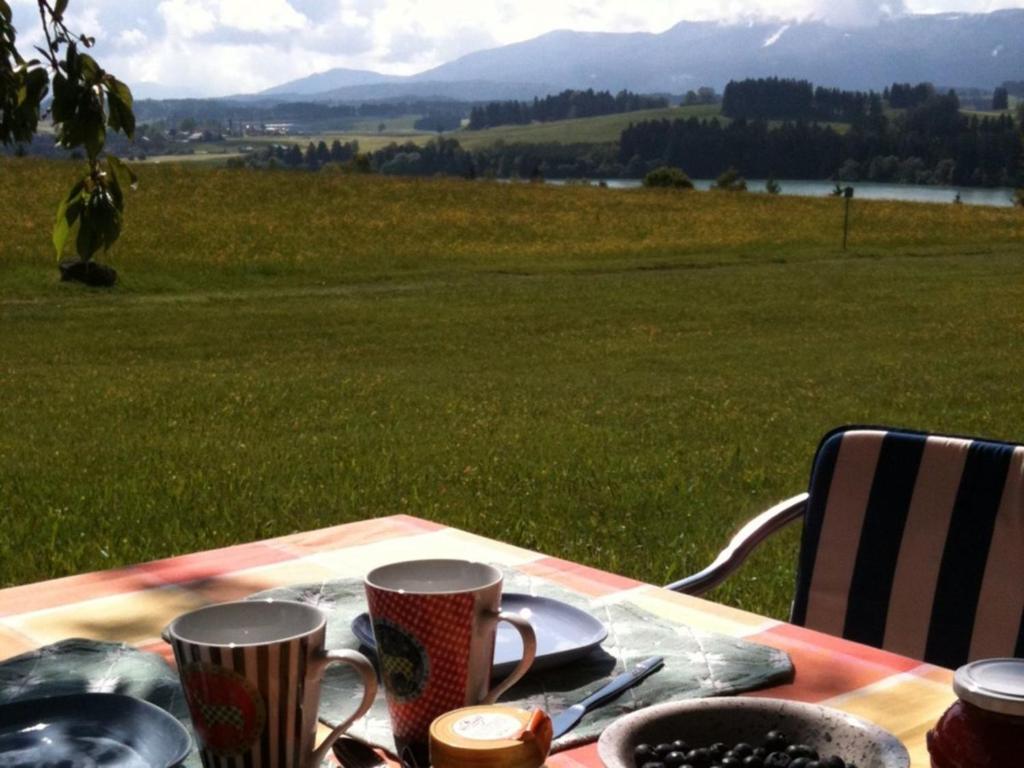 uma mesa com copos e pratos com vista para um campo em Ferienhaus Nr 110, Kategorie Komfort, Feriendorf Hochbergle, Allgäu em Karlsebene