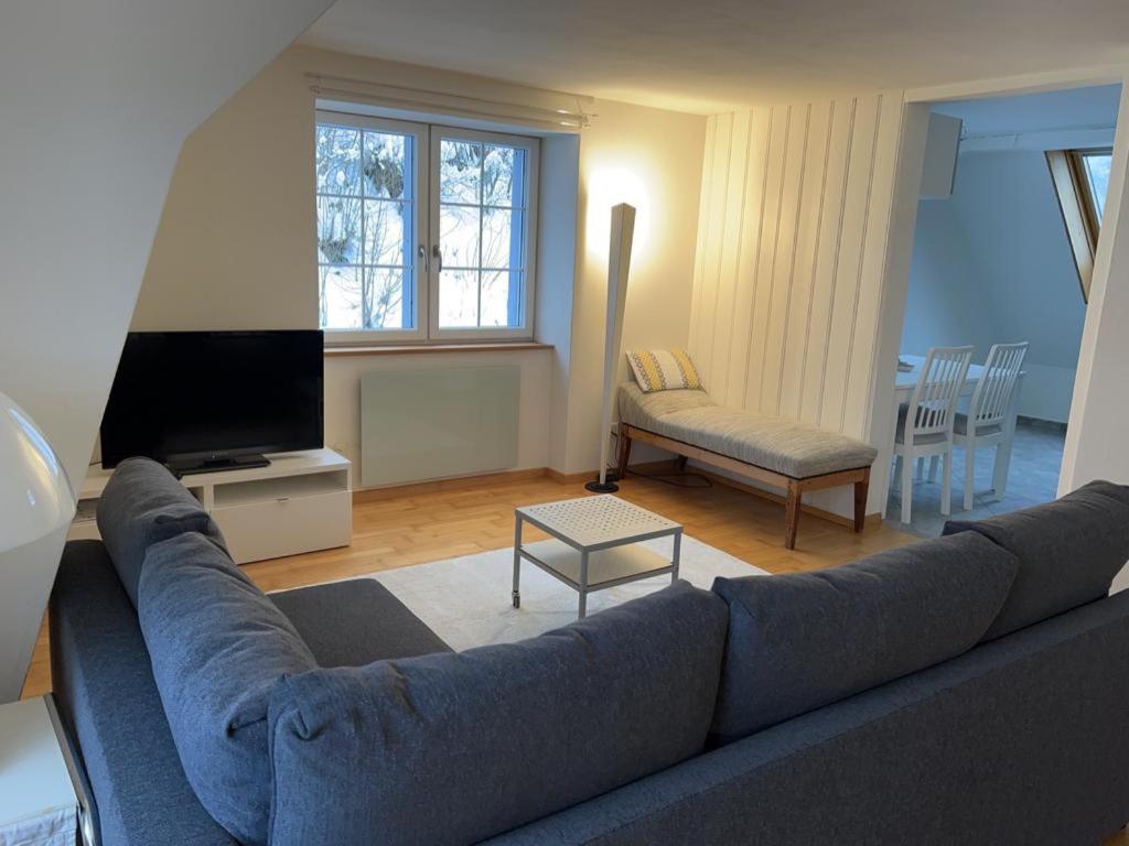 a living room with a blue couch and a tv at Wunderschöne Ferienwohnung in den Bergen in Tiefencastel
