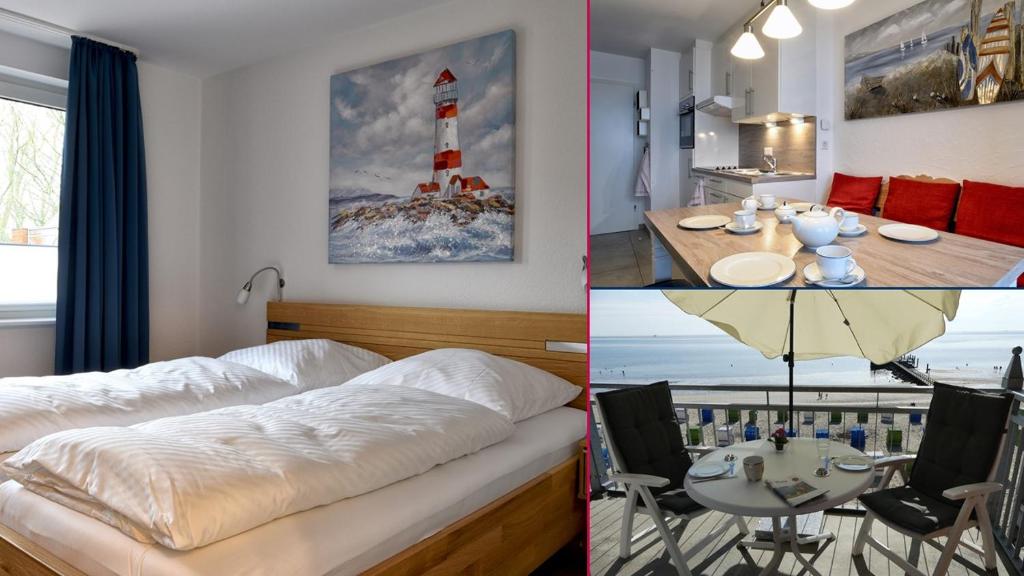 een slaapkamer met een bed en een tafel en een kamer met een vuurtoren bij Nordland Appartements Wohnung Bornholm in Wyk auf Föhr