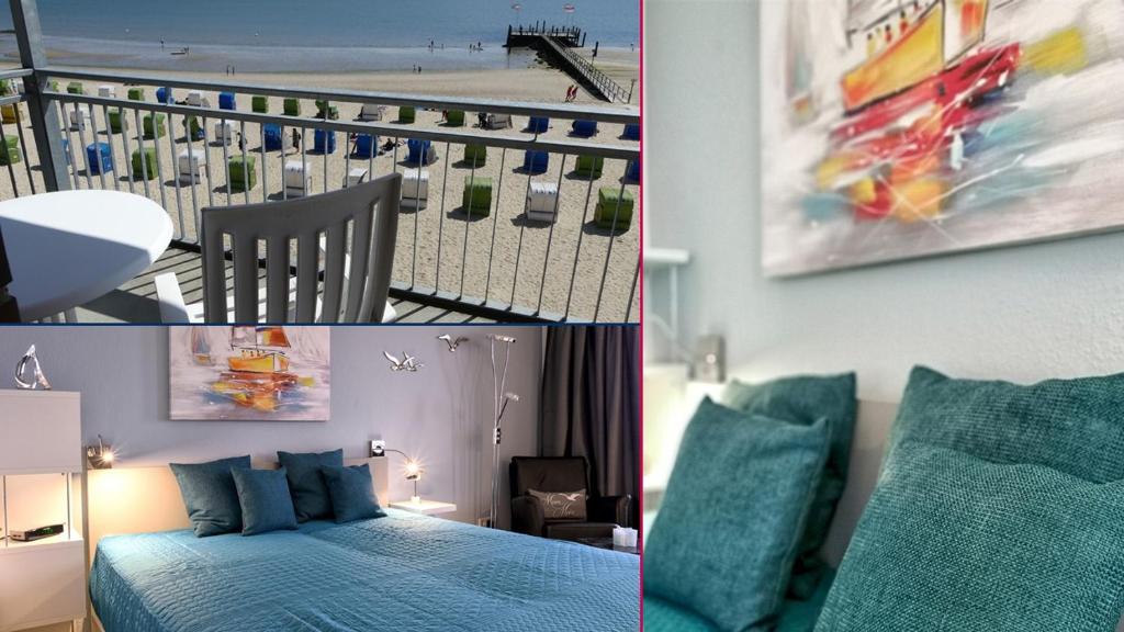 eine Collage mit drei Bildern eines Schlafzimmers mit einem Bett in der Unterkunft Nordland Appartements Wohnung Aerö in Wyk auf Föhr