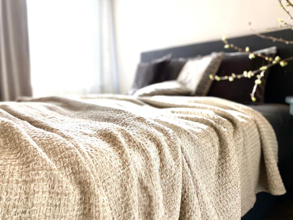a bed with a blanket and a couch in a room at Cesis Boulevard Apartments in Cēsis