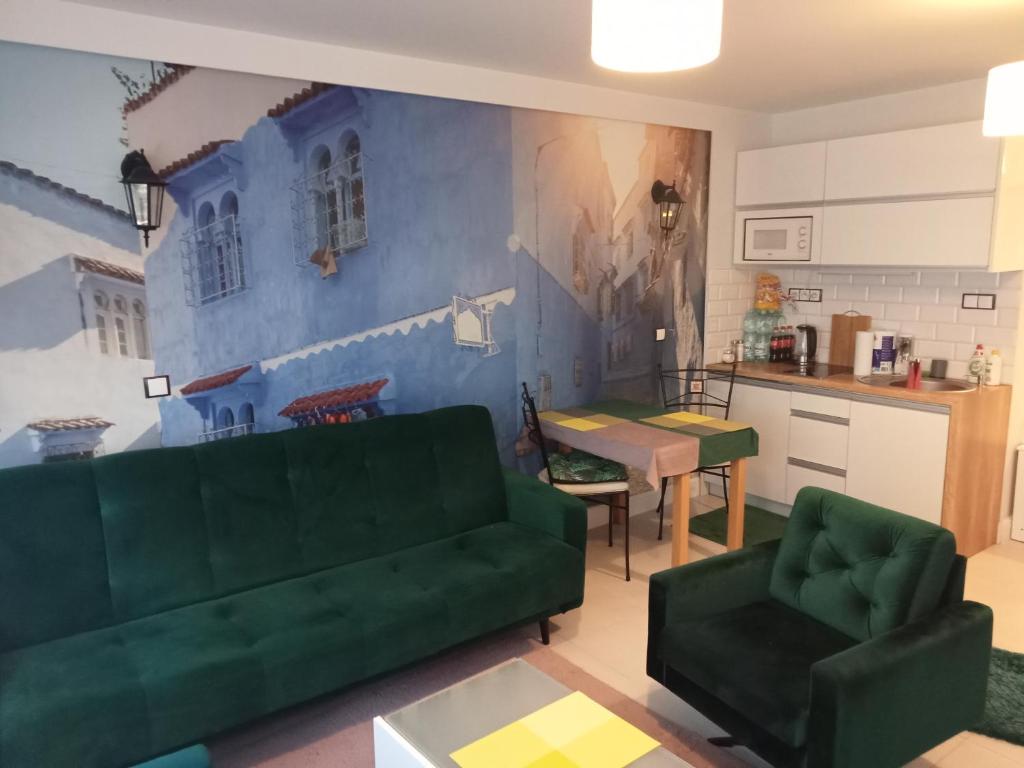 een woonkamer met een groene bank en een keuken bij Apartament Anita in Mielec