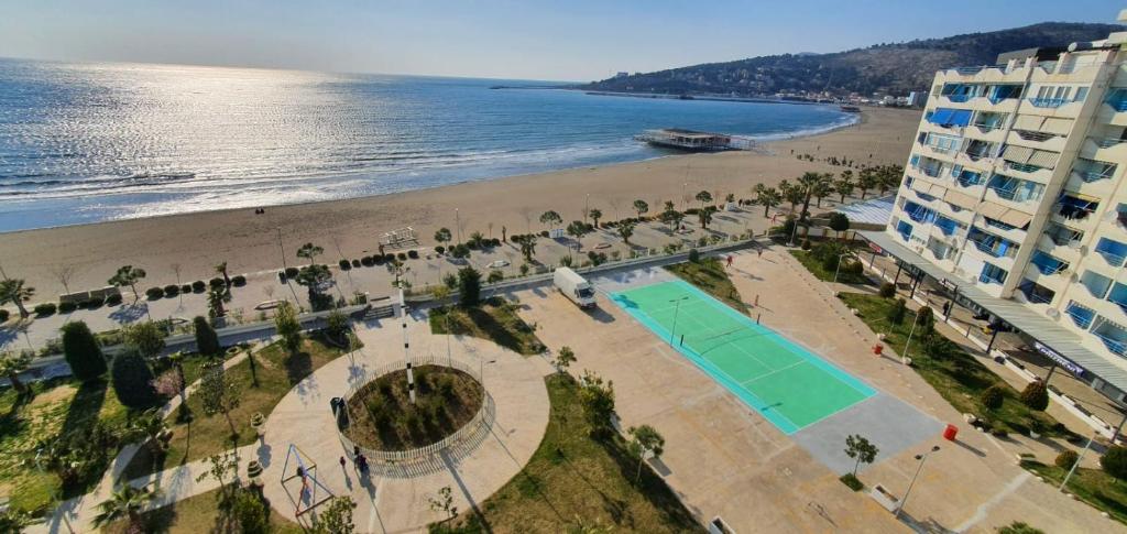 an aerial view of a beach and a building at Nada SeaView Apartment in Shëngjin