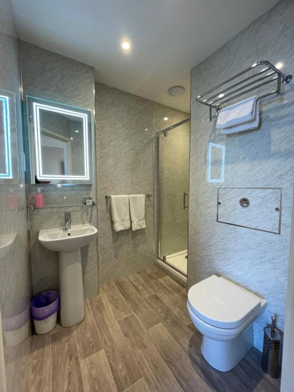 a bathroom with a toilet and a sink and a shower at Chandlers BnB in Seahouses