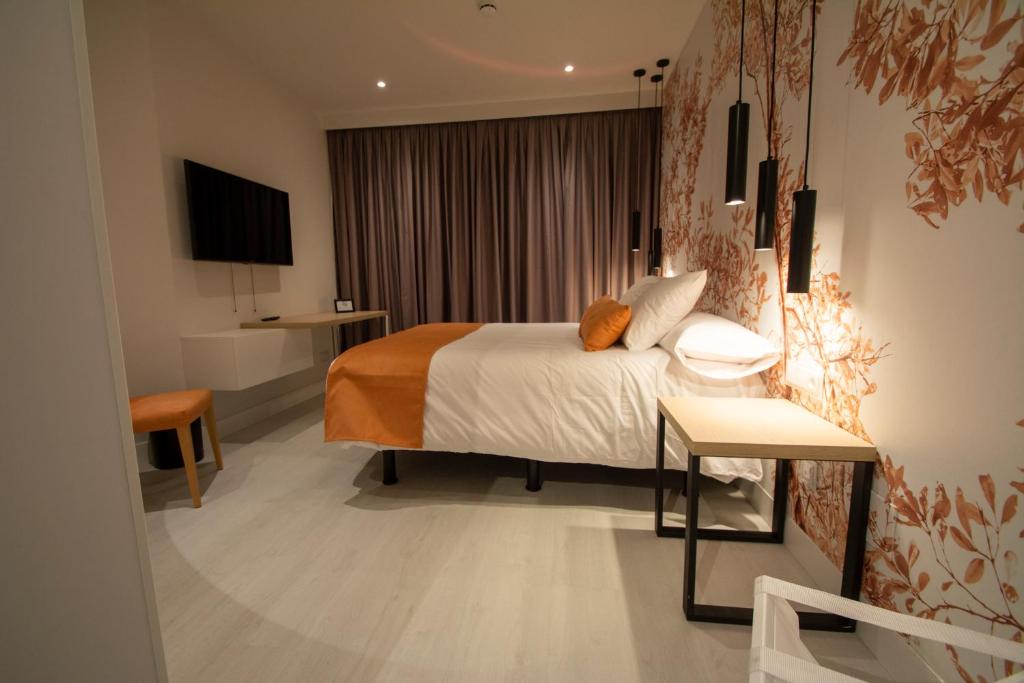 um quarto de hotel com uma cama e uma televisão em OKELO em Zamora