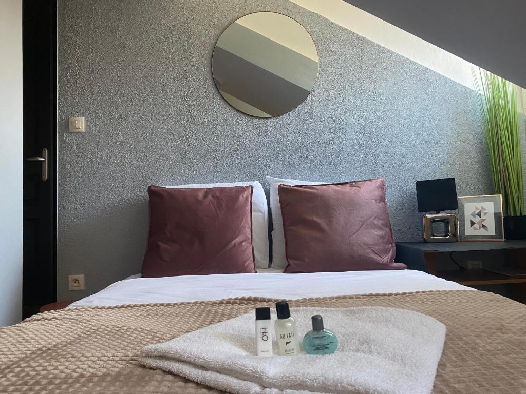 a bedroom with a bed with a mirror on the wall at Mon Petit Orne Centre thermal Un-Séjour-à-Part in Rombas