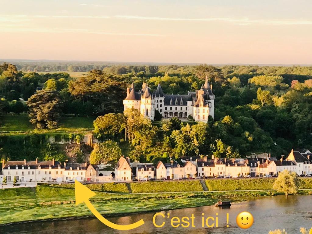 uma vista aérea de um castelo com uma seta amarela em Escale face à la Loire em Chaumont-sur-Loire