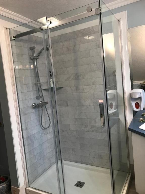 a shower with a glass door in a bathroom at gite des iles in Matane