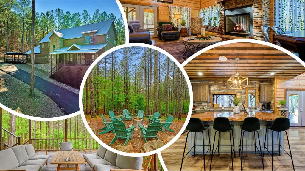 eine Collage mit Fotos eines Hauses mit Wald in der Unterkunft The Nomi Lodge - Sleeps 28 - Gorgeous Rustic Cabin, Centrally Located, Tons of Amenities in Broken Bow