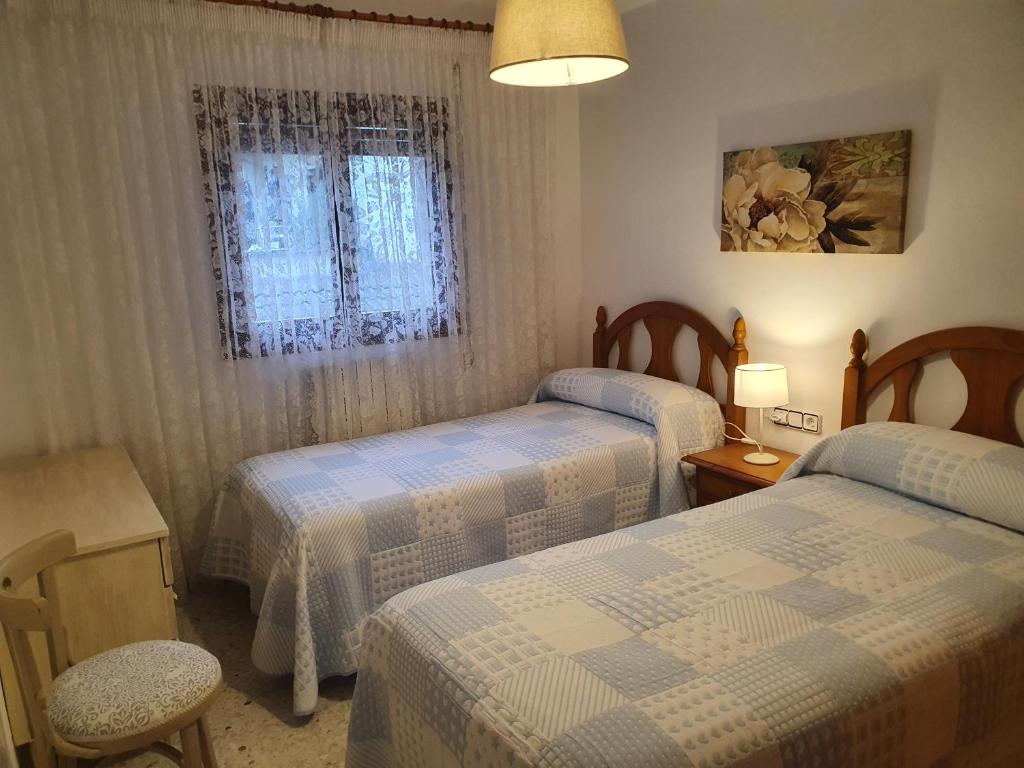 1 dormitorio con 2 camas y ventana en Apartamento Marboré, en Torla