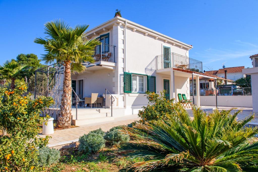 a house with a palm tree in front of it at Villa Mária Marta in Mirce