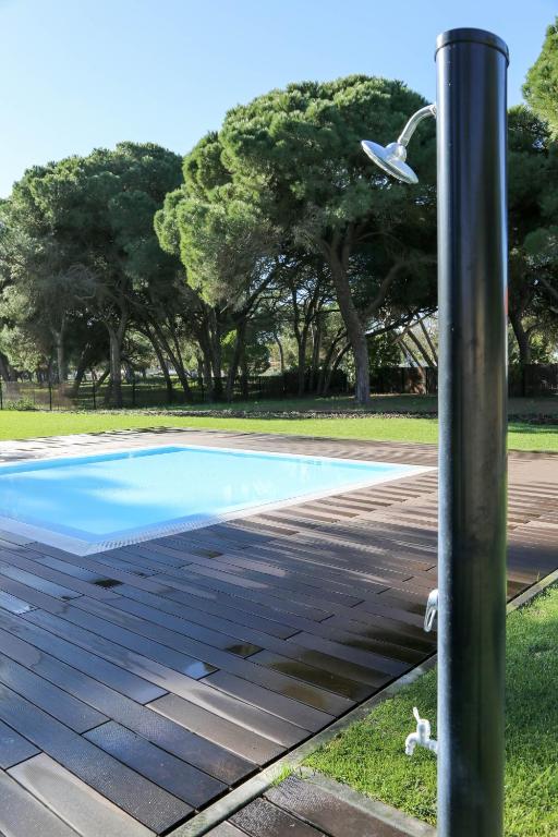 a bird is flying over a swimming pool at INATEL Caparica in Costa da Caparica