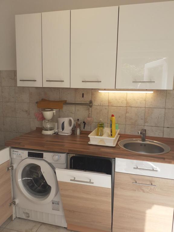 eine Küche mit einer Waschmaschine und einem Waschbecken in der Unterkunft Rose Apartman in Balatonlelle