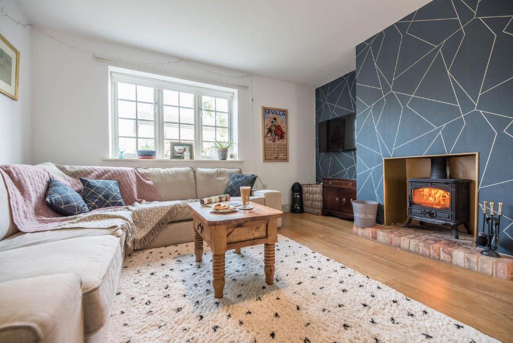 a living room with a couch and a fireplace at Little Cottage Wickham Market Air Manage Suffolk in Woodbridge