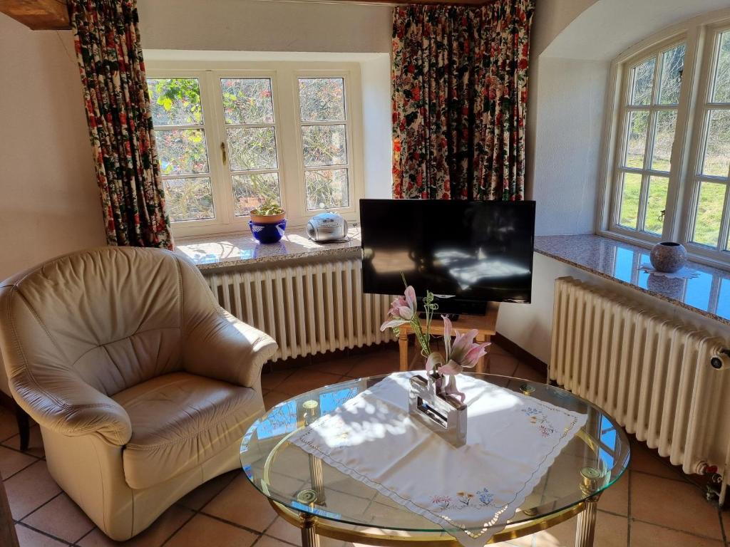 a living room with a tv and a chair and a table at Hackerhof-Suedwohnung in Morsum