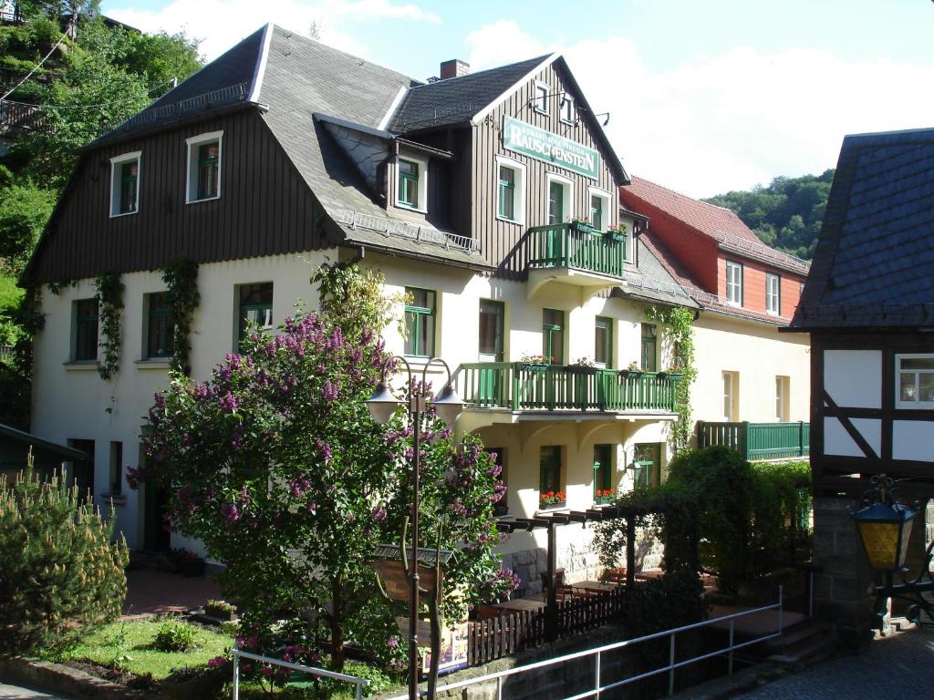 un gran edificio blanco con techo negro en Pension Rauschenstein, en Bad Schandau