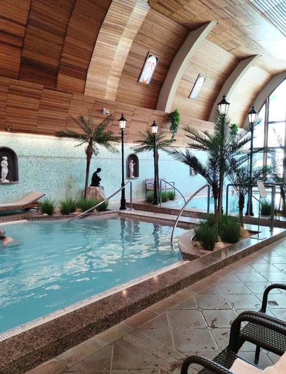 duży kryty basen z palmami w budynku w obiekcie Spa Residence Carbona Apartment 205 w Hévízie