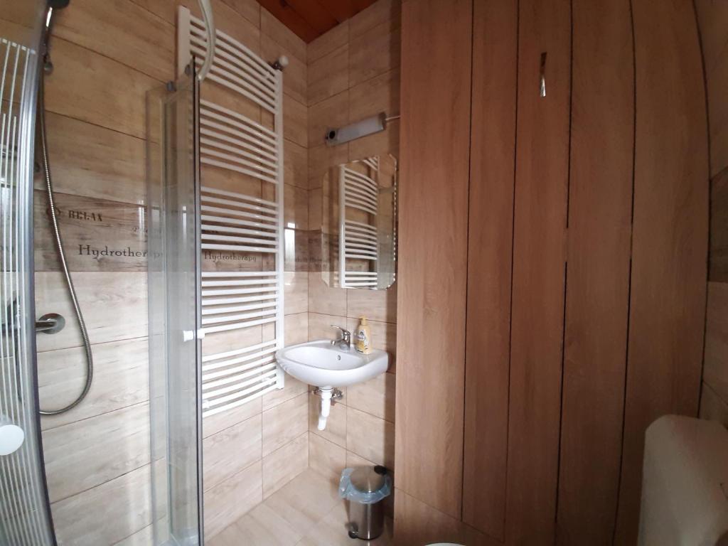 łazienka z umywalką i prysznicem w obiekcie Egniss Apartman w Bogácsu