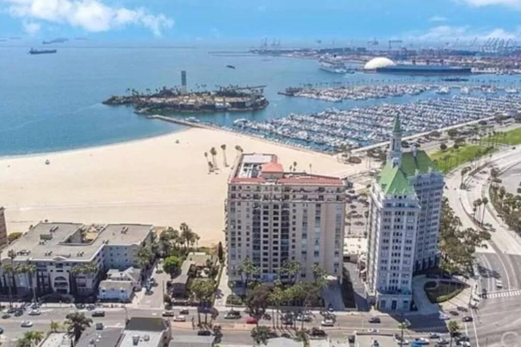 an aerial view of a beach and a city at Oceanfront lux condo in Long Beach