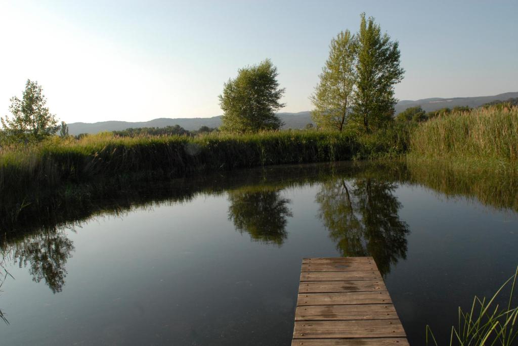 vistas a un lago con muelle de madera en Residence Les Rossignols, en Roussillon