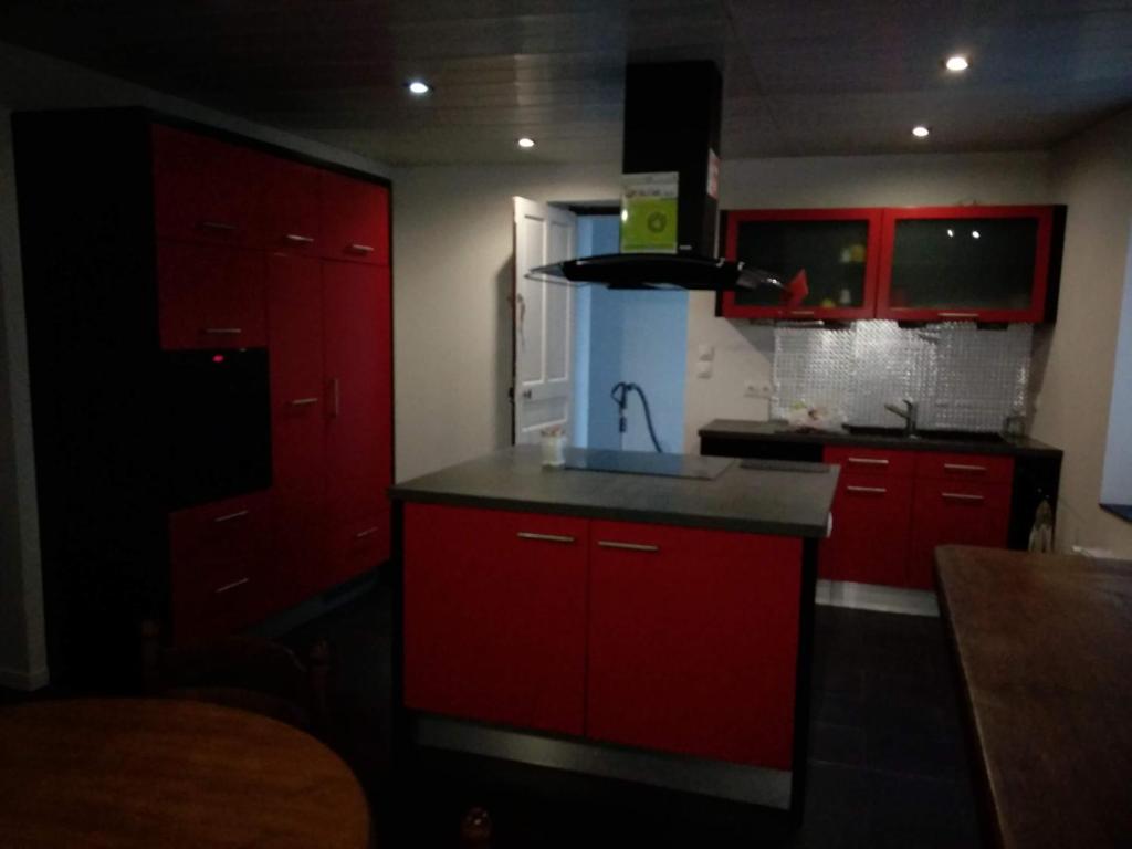 eine rote Küche mit einer Spüle und roten Schränken in der Unterkunft Vittel location meublé in Vittel