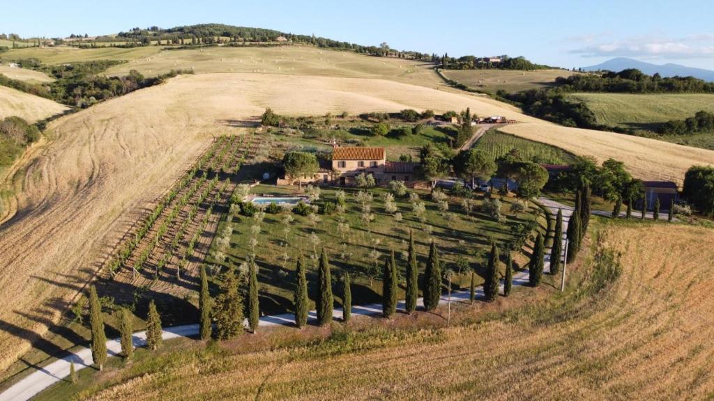 an aerial view of a farm with cypress trees at Agriturismo Santa Maria in Pienza