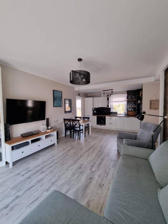 Televízia a/alebo spoločenská miestnosť v ubytovaní Apartament Sosnowy Las