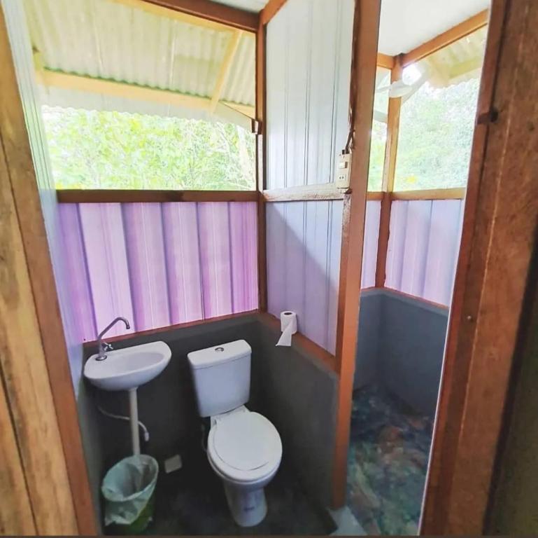La petite salle de bains est pourvue de toilettes et d'un lavabo. dans l'établissement Pousada Amazônia Encantada, à Iranduba