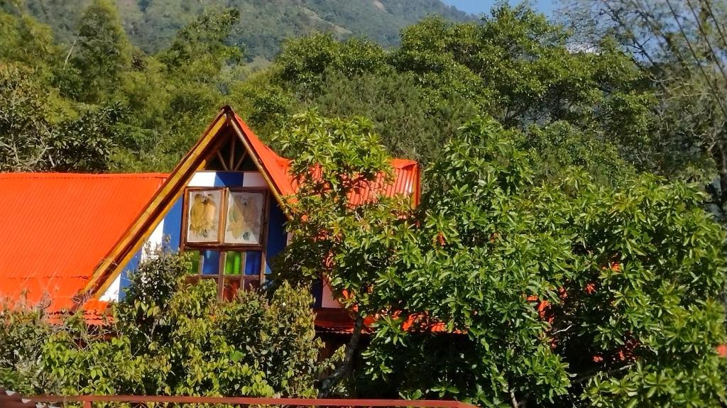 an orange house with an orange roof and trees at Hospedaje Rural Tupinamba in Ibagué