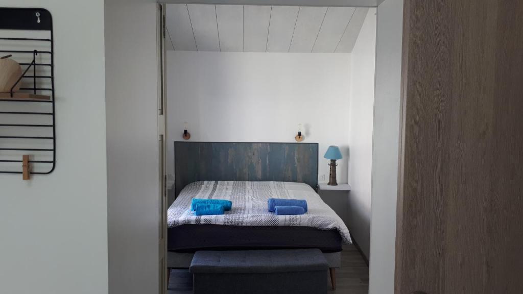 ラ・トランシュ・シュル・メールにあるMaison typique vendéenneのベッドルーム1室(青い枕2つ付きのベッド1台付)