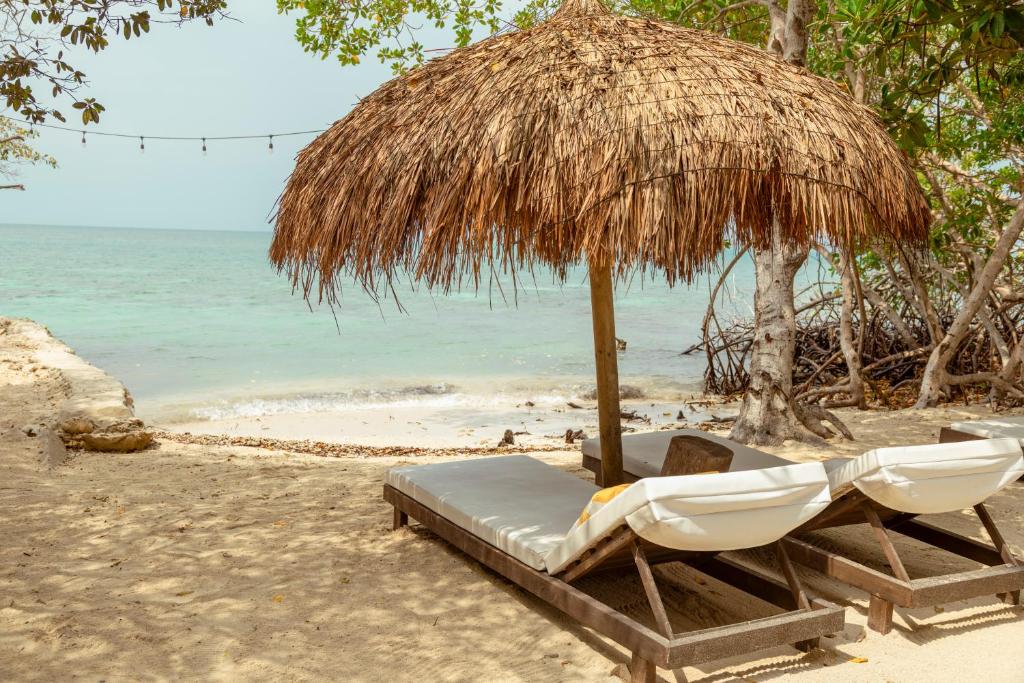 two lounge chairs under an umbrella on a beach at Fragata Island House in Cartagena de Indias