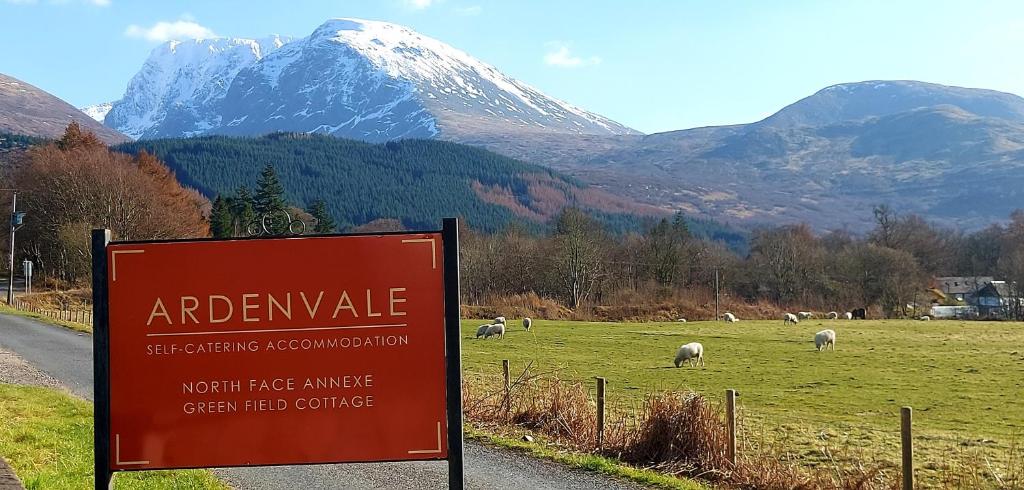 a sign on the side of a road with sheep in a field at Green Field Cottage at Ardenvale Self Catering in Fort William