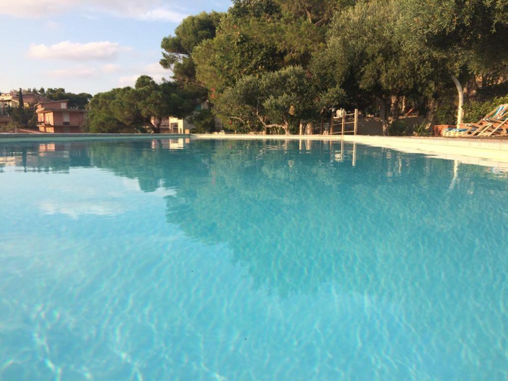 une grande piscine d'eau bleue avec des arbres en arrière-plan dans l'établissement Villa Argento Relais, à Bagheria