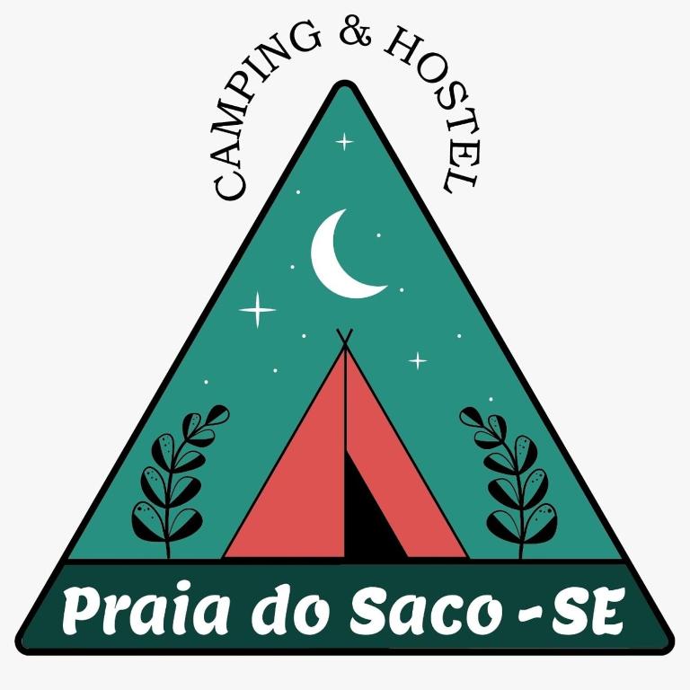 a triangle with a tent and the words camping and hospitality praça do saaco at Camping e Hostel Praia do Saco in Estância