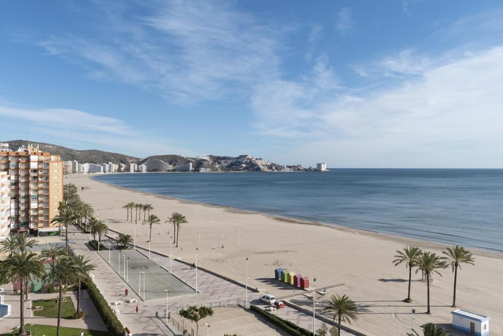 uma vista para uma praia com palmeiras e para o oceano em Arensol Esc-A, 13º-51 em Cullera