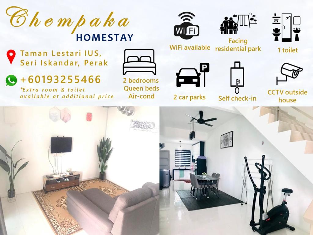 a catalogue of a living room with a couch and furniture at Chempaka Homestay (Near to UTP UiTM Seri Iskandar) in Seri Iskandar